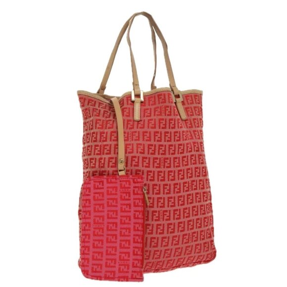 FENDI Zucchino Canvas Hand Bag Red Gold Auth